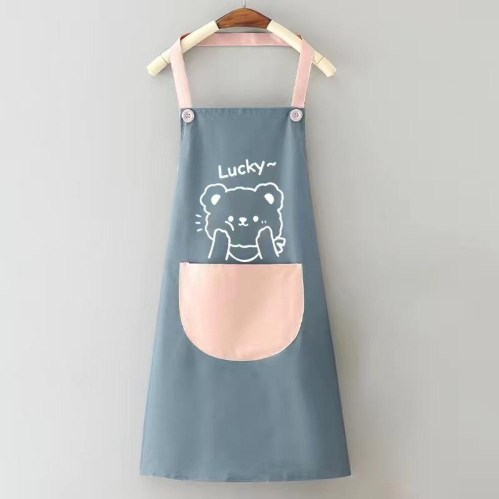 

Oil Proof Kitchen Apron Cute Bear Pattern Cook Wear Smock Couples Apron Household Chores blue-without hand towel