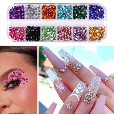 1 Set Round Nail Art Rhinestone Kit with Storage Box 12 Grids Flatback Rhinestone DIY Nail Design Crafting Decoration Fake Gems