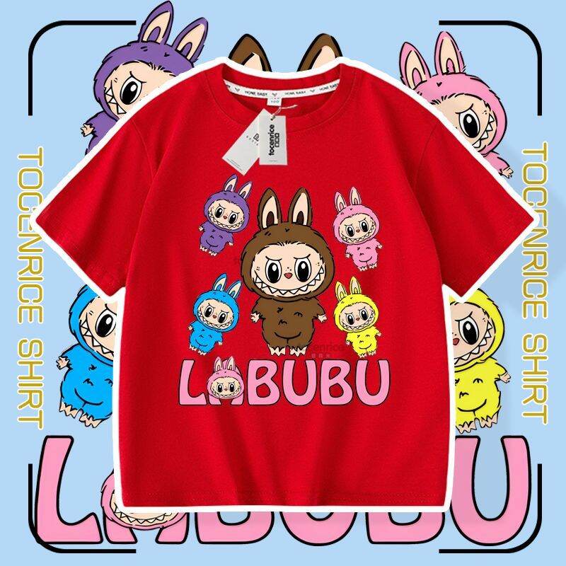 Summer New Cartoon Labubu Loose Short-sleeved T-shirt Girls Children's Casual Tops Fashion Breathable Round Neck
