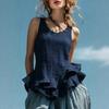 Women Tops Solid Color Loose Fit Breathable Casual Blouse O-Neck Sleeveless Ruffle Splicing Hem Summer Vest Daily Wear