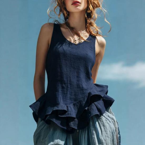 Women Tops Solid Color Loose Fit Breathable Casual Blouse O-Neck Sleeveless Ruffle Splicing Hem Summer Vest Daily Wear