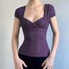 Camiseta de manga corta con cuello en V cruzado estilo francés ligero maduro para mujer, verano, plisada, cintura ajustada, parte inferior ajustada, top de moda