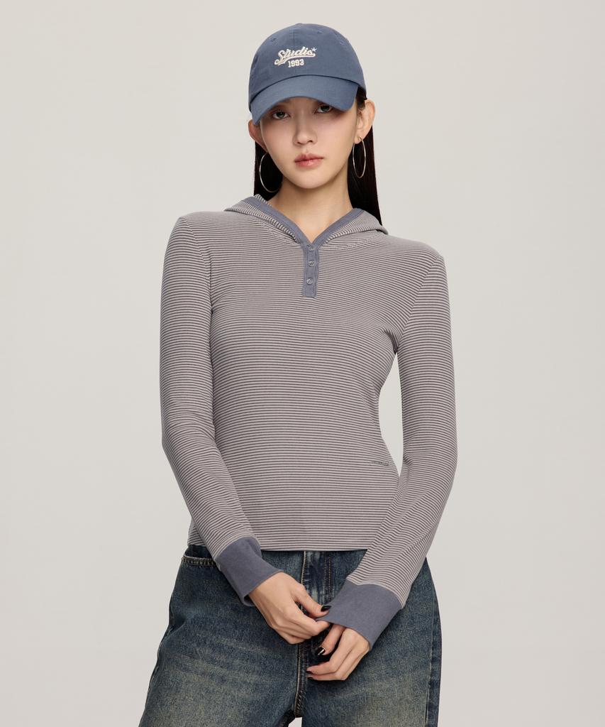 W Stripe Henley Neck Slim Hoodie_Gray