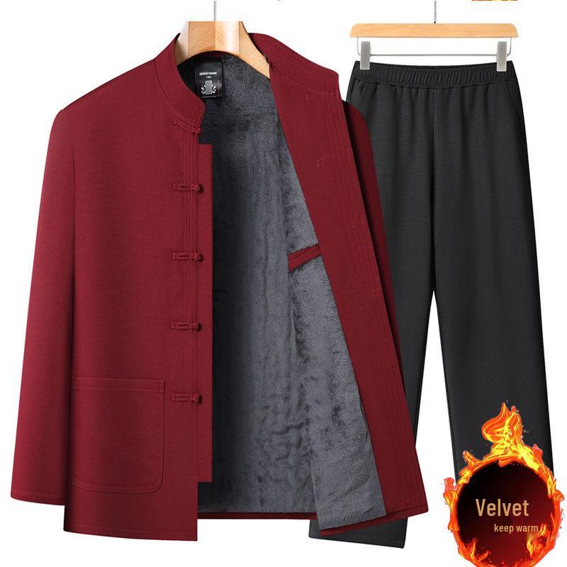 Fleece-Lined Cotton-Padded Tang Suit: Warm Winter Coat for Middle-Aged & Elderly Men