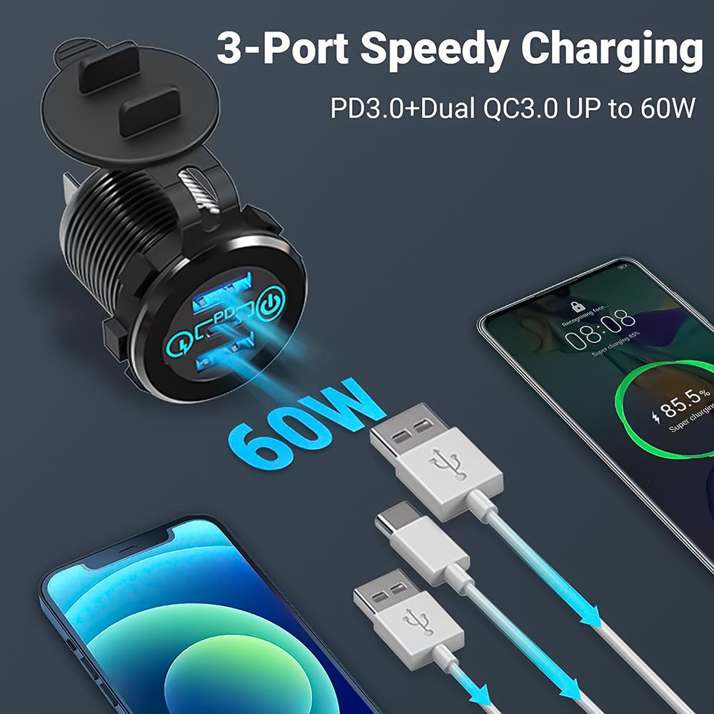 Car USB Charger Socket Metal 60W Cars Accessories 12/24V USB Outlet PD USB-C & Two QC3.0 Ports Touch Switch for Boat Marine