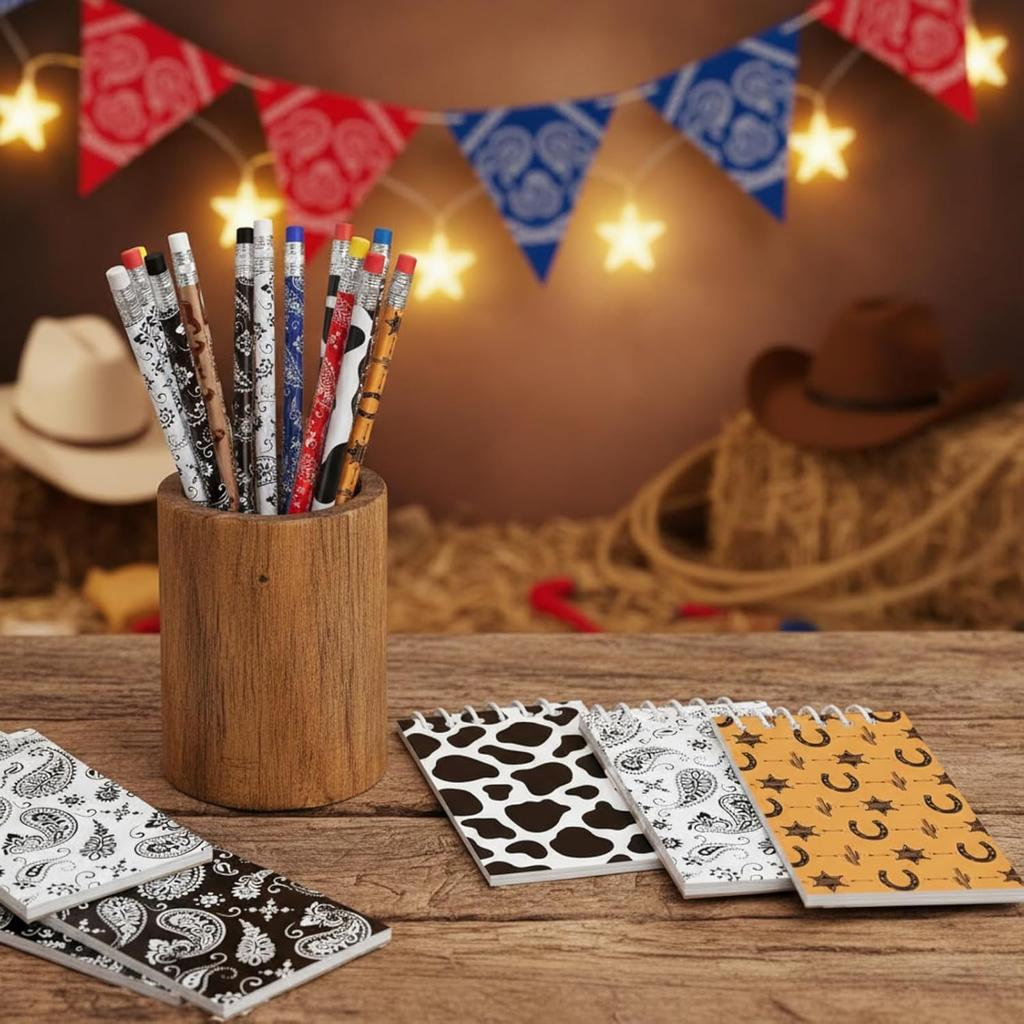Teling 32 Pcs Western Cowboy Cowgirl Pencils for Kids Fun Cowboy Horse Theme Decorative Wood Pencils with Eraser for Horse Racing Party Favors