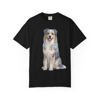 Australian Shepherd Illustration T-Shirt | Sitting Blue Merle Dog Shirt