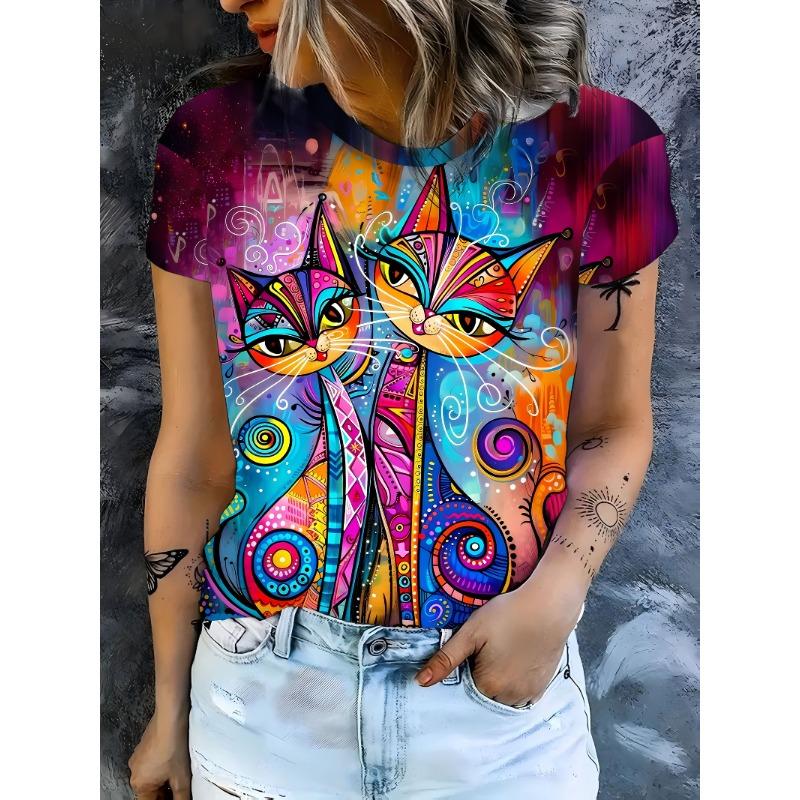 Vibrant Psychedelic Cat Women's Tee - Colorful Patterned Duo Graphic, Bold Boho Art Print Design for Casual Daily Wear