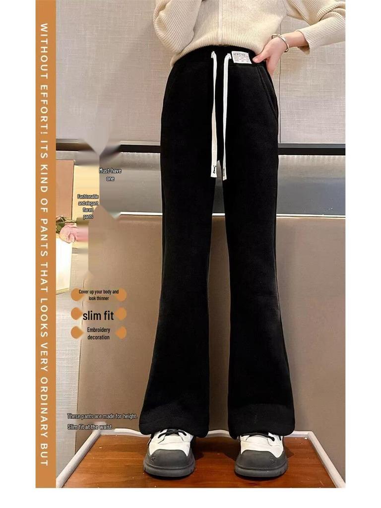Girls' Black Plus Velvet Straight-Leg Sweatpants - New Autumn/Winter 2025 for Junior High Students