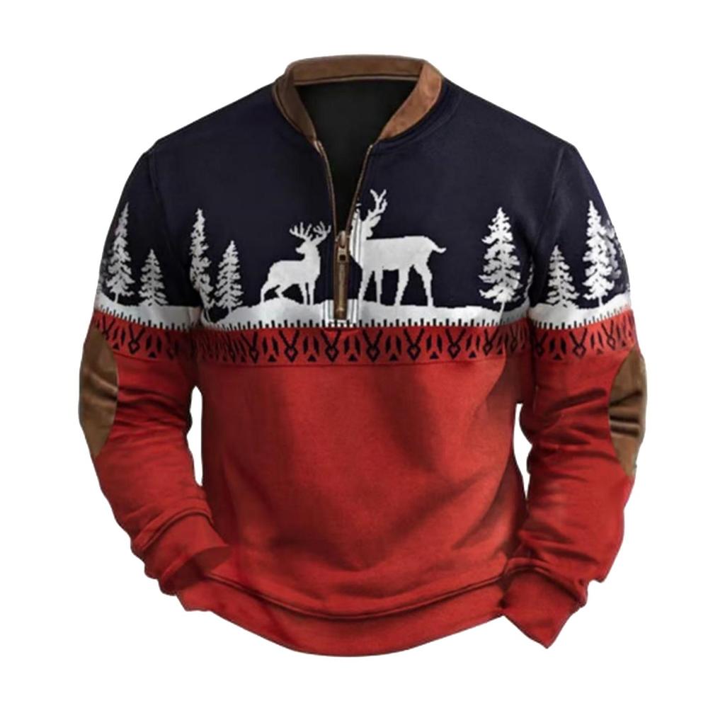 Men's Casual, Trendy, Retro American- Printed Round-neck Long-sleeved Half-pull Hoodie