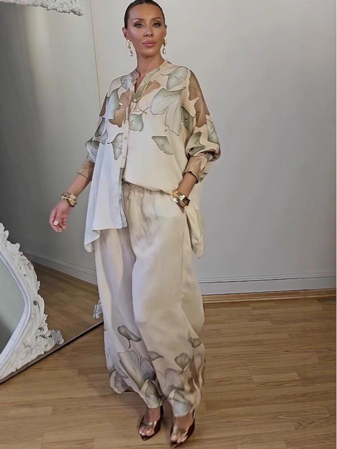 2025 Autumn European & American Fashion Print Top and Wide-Leg Pants Set