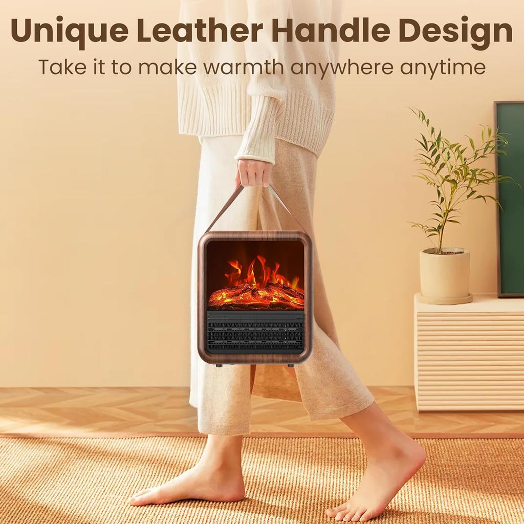 Small Portable Electric Fireplace Heater with 3D Flame, Thermostat, 1500W/750W PTC, Tip-Over Safety, Walnut