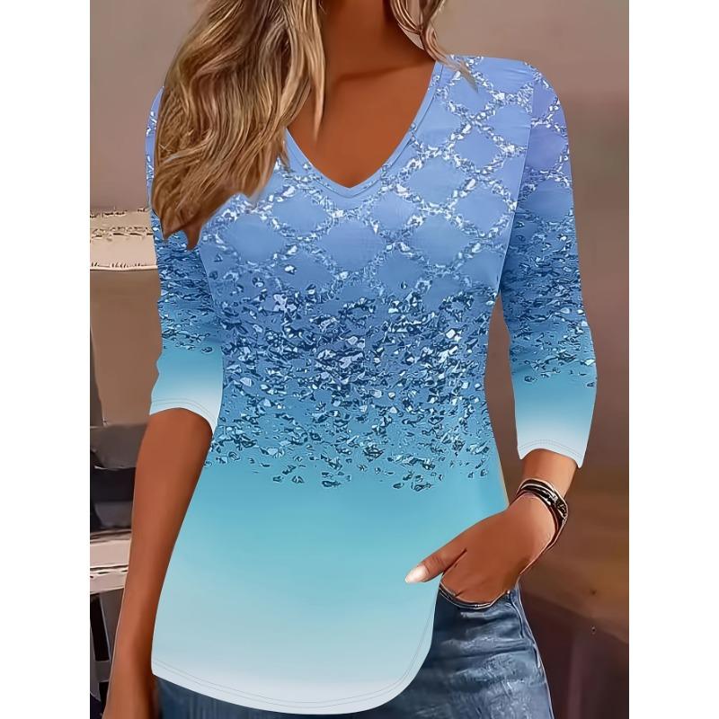 

Elegant Starry Sky Print V-neck Elegant Long Sleeve T-shirt Casual Daily Sports Shirt New Women s Long Sleeve Tops S