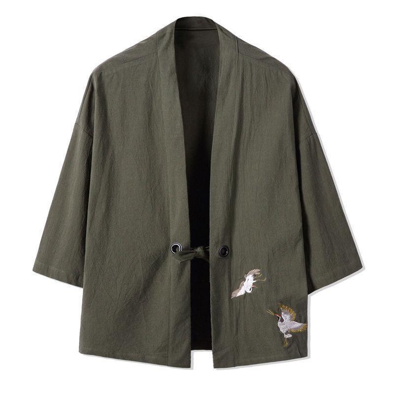 Herren Chinesischer Stil Dreiviertelarm Tang Anzug Kimono Leinen Strickjacke