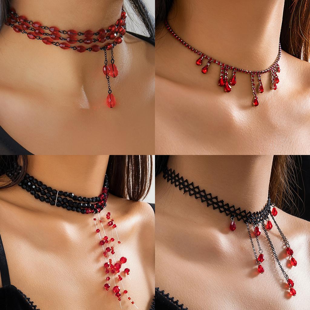 Accessories, Personalized Beaded Multi-layer Necklaces, Retro Gothic Blood Dripping Fringed Imitation Crystal Necklaces for Women