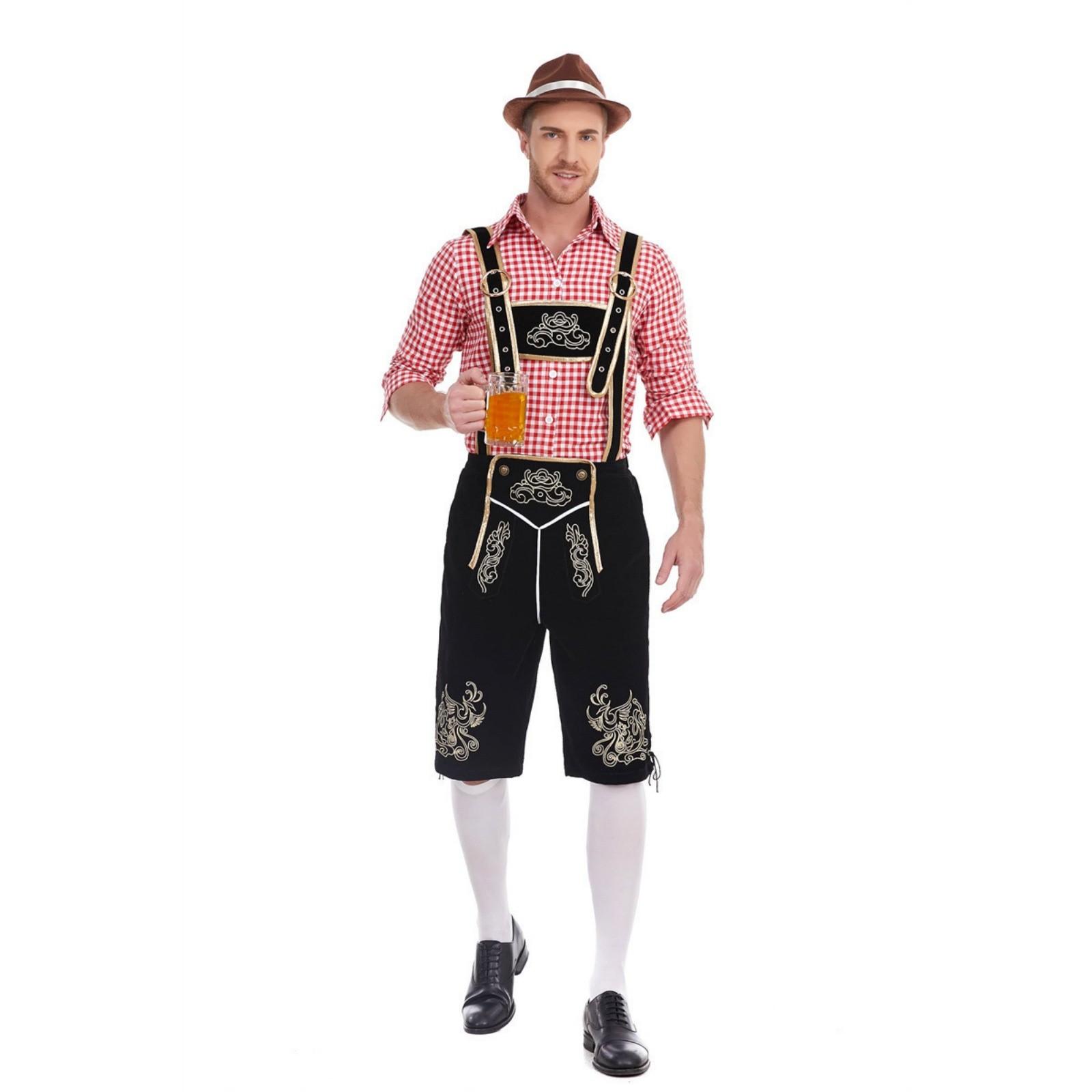

Мужской баварский костюм для Октоберфеста - Комплект из клетчатой рубашки и брюк с подтяжками XL красный