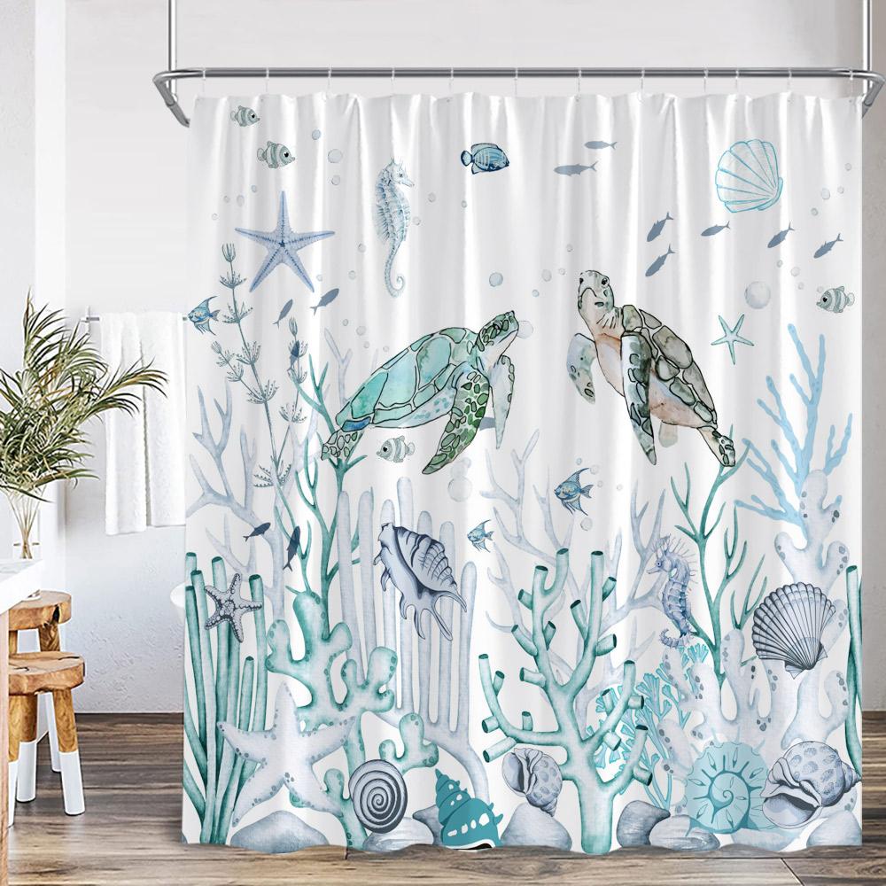 Морская Жизнь Морская Шторка для Душа Якорь Морская Черепаха Морская Звезда Осьминог Ракушка Коралл Океан Летнее Украшение для Ванной 90x180cm-35x70in