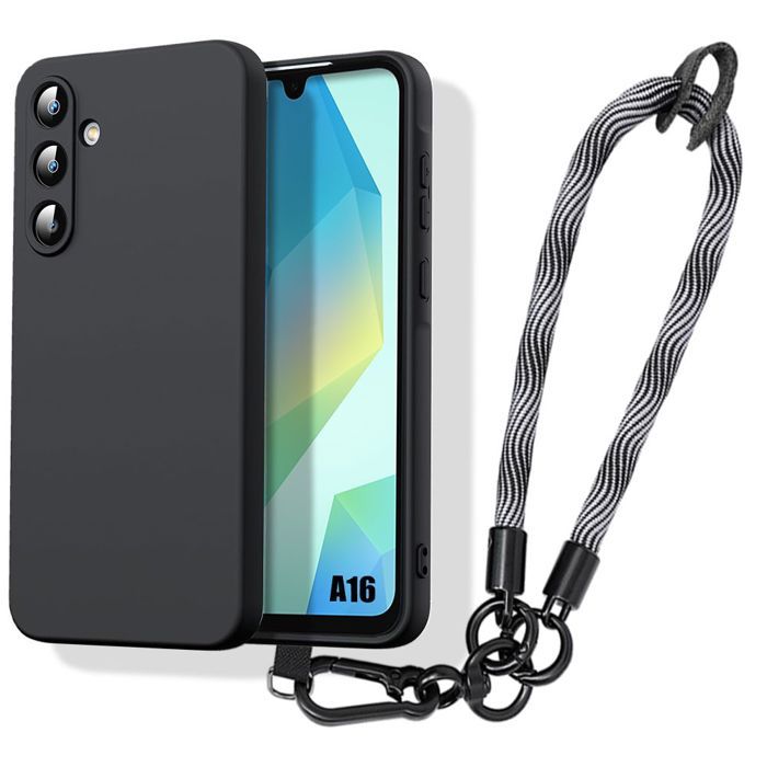 Coque pour Samsung Galaxy A16 4G/5G - Silicone Liquide Anti-Rayures Noir avec Dragonne Amovible Gris