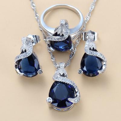 Water Drop Jewelry Set Wedding-Engagement Accessories For Women Blue Zirconia Stud Earrings And Necklace Ring