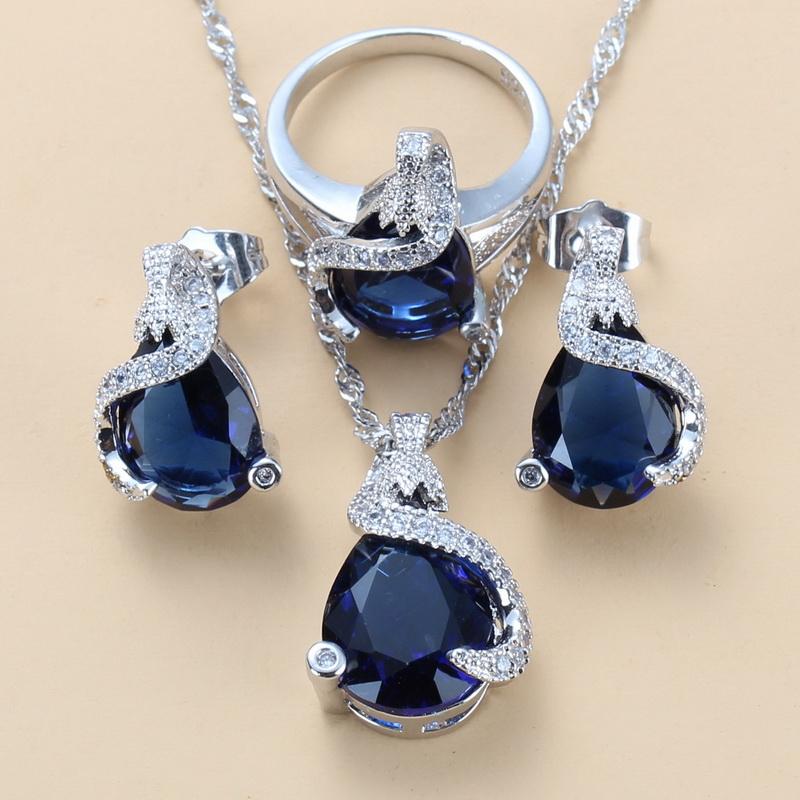 

Water Drop Jewelry Set Wedding-Engagement Accessories For Women Blue Zirconia Stud Earrings And Necklace Ring 9