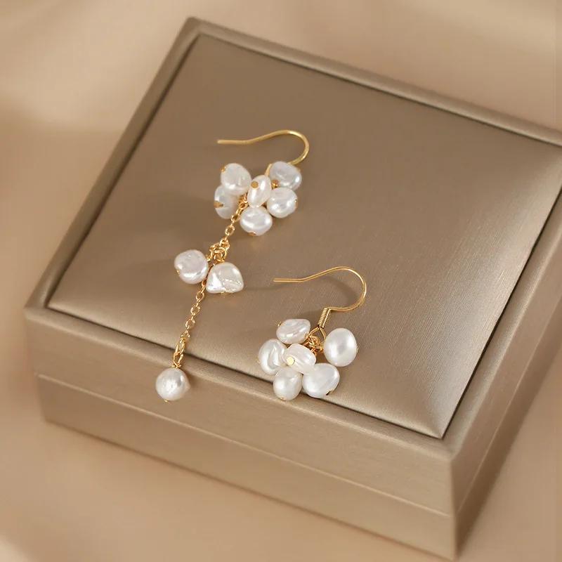 Trendy Natural Freshwater Pearl Asymmetric Tassel Drop Earrings Gold Plated Copper Bridal Jewelry For Women