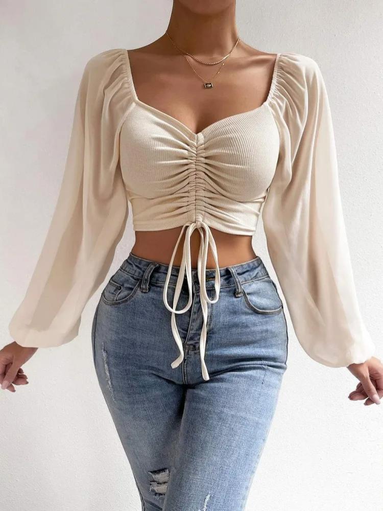 Women's Summer Long Sleeved T-shirt with Drawstring Exposed Navel Top Women's Casual Round Neck Top