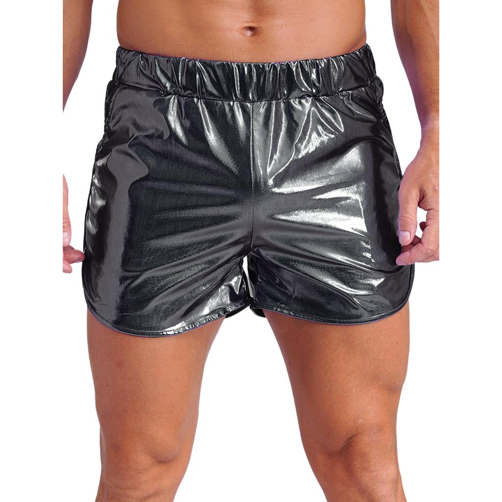Men's Metallic Workout Shorts M-XL: Shiny Booty Shorts with Elastic Waist & Side Pockets for Bodybuilding, Gym & Yoga