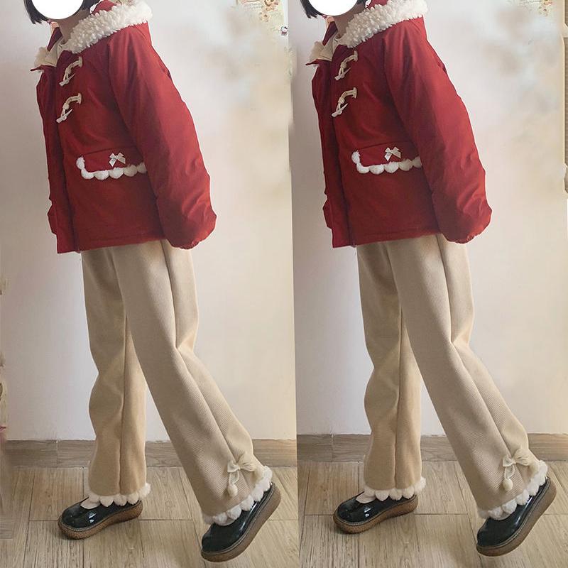 Fleece Japanese Kawaii Pants Women Wide Leg Cute Sweatpants Sweet Harajuku Lolita Vintage Baggy White Trousers with Bow Winter