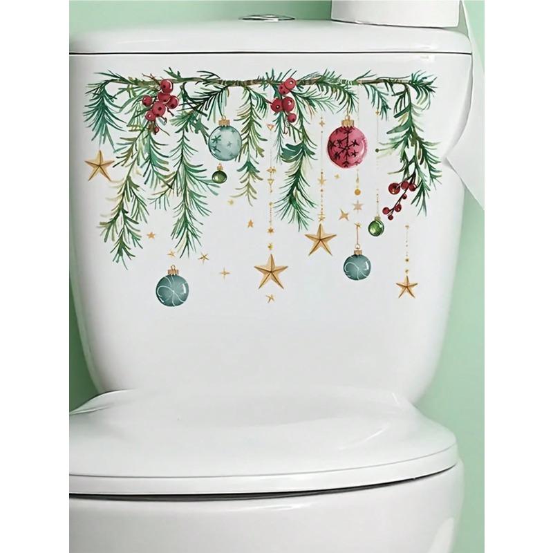 Christmas Festive Toilet Lid Decal With Pine Garland Berries And Baubles Christmas Series Toilet Stickers PVC Self-Adhesive Christmas Wreath Stic