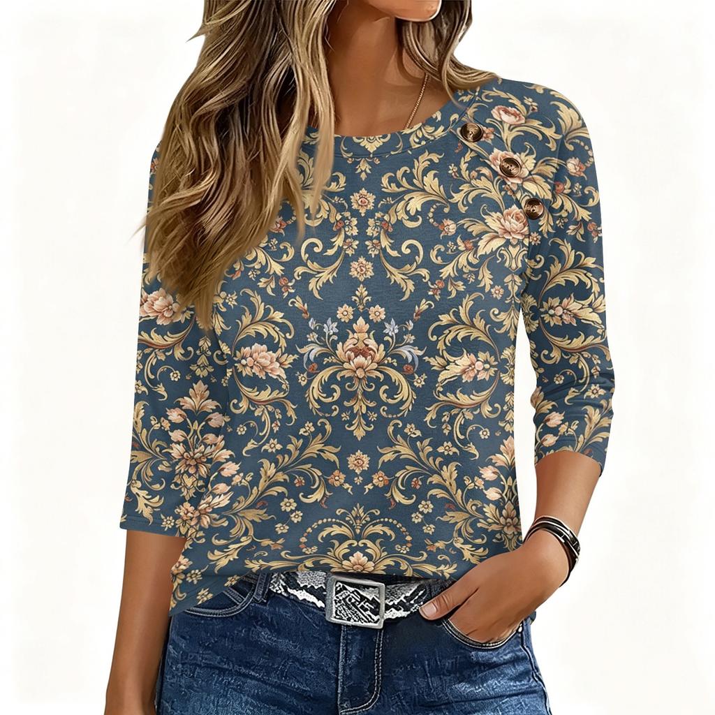 Damen 3/4 Ärmel Rundhals Knopfleiste Blumenmuster Oberteil Weicher Stoff Lässiger Lockerer Sitz T-Shirt für den Alltag