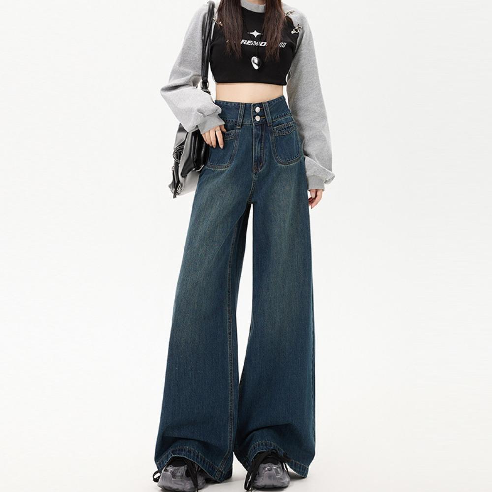 

Дизайн Чувство Уличная Мода Джинсы для мытья пола Женские Весна и Осень Новые Свободные и Облегающие Брюки с широкими штанинами Прилив 2XL