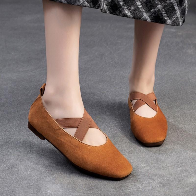 Johnature Cross Strap Square Toe Solid Color Flat Casual Comfortable Soft Sole Women's Slip-on Shoes