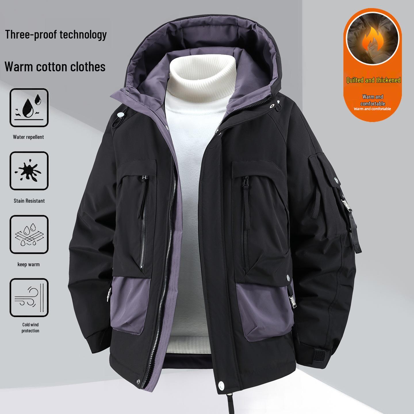 

Водонепроницаемая хлопковая куртка с капюшоном и блоками цвета для полных - Толстая, устойчивая к пятнам, теплая зимняя рабочая одежда (350 цзиней) 11XL