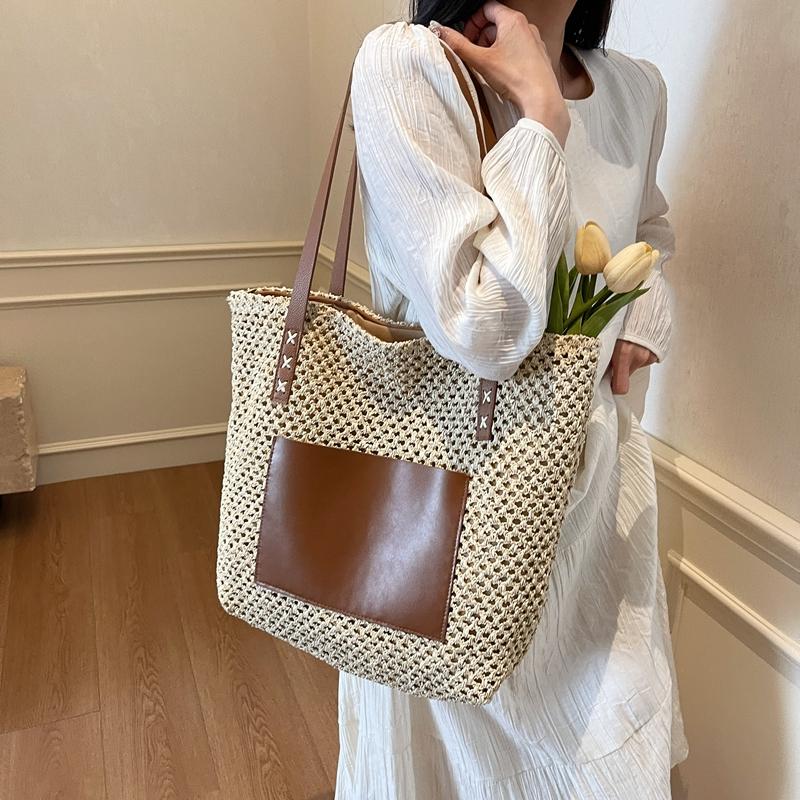 Woven Tote Bag for Women Summer Beach Handbag with Faux Leather Strap Fashion Casual Carryall