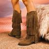 2026 New High Boots Women Bohemian Flock Mid-Calf Boots Wedge Booties Autumn Winter Ethnic Casual Shoes