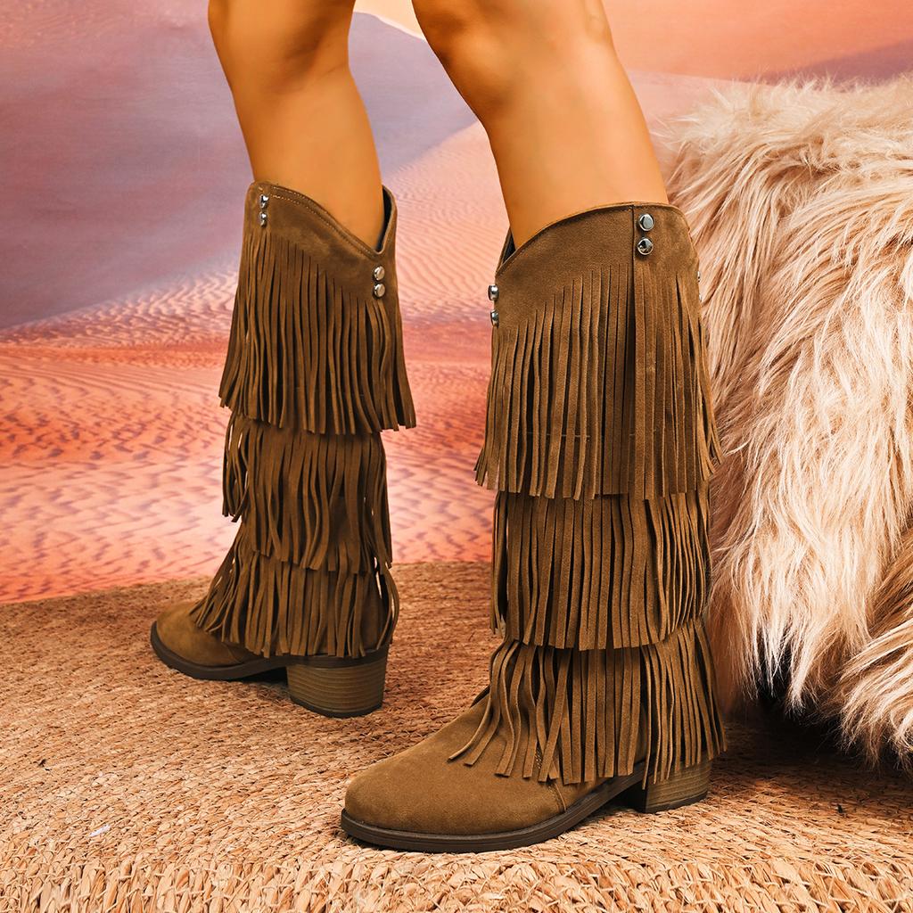 2026 New High Boots Women Bohemian Flock Mid-Calf Boots Wedge Booties Autumn Winter Ethnic Casual Shoes