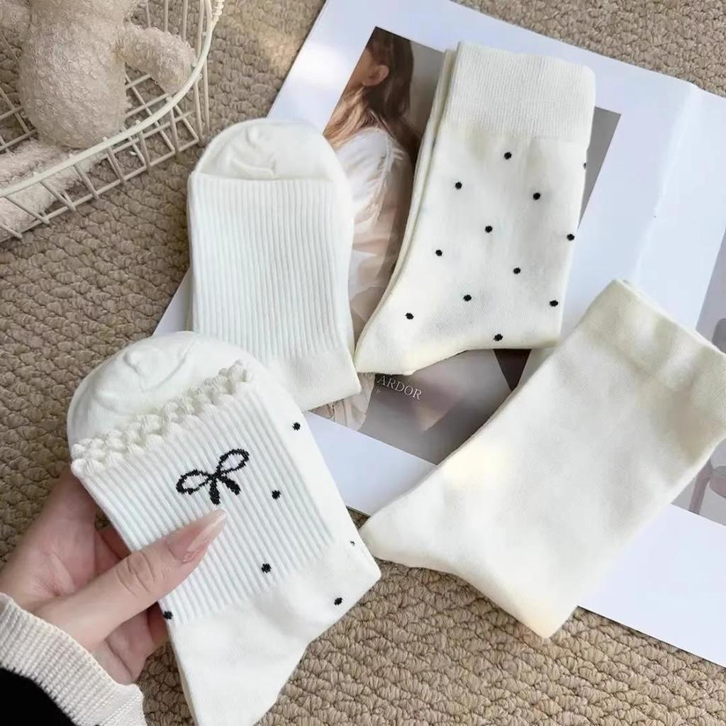 Yi Fan Autumn Mid-Calf Maternity Socks - Solid Color, Polka Dot Bow Lace, Stacked Trendy, Student Style
