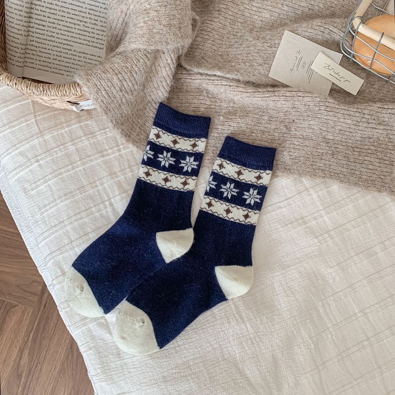 Damen Herbst- und Winter Warme Retro Farbkontrast Wollfrotteesocken