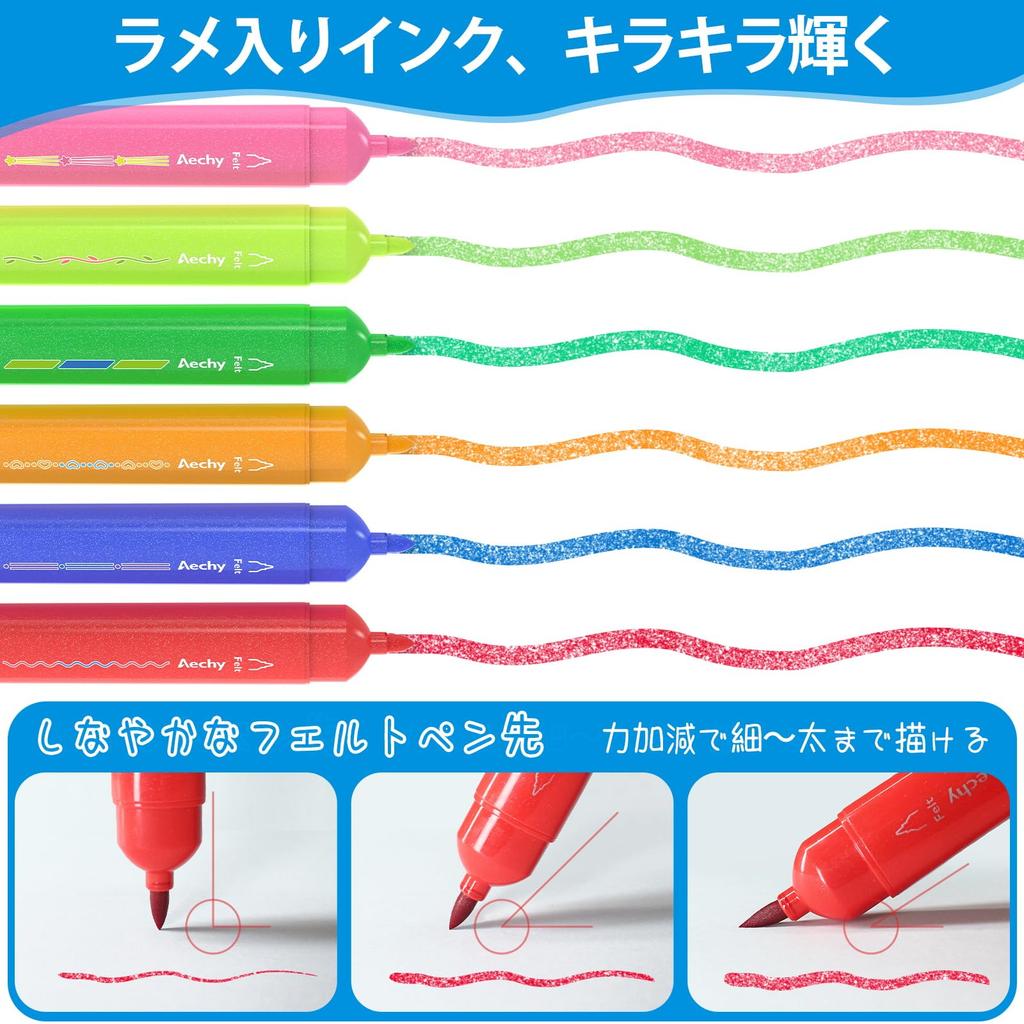 Aechy Curved Line 6 Twin Roller Stamp Glitter Felt for and School Office Stationery Pen, 2-Color Marker, Patterns, Water-Based Head, & Tip,