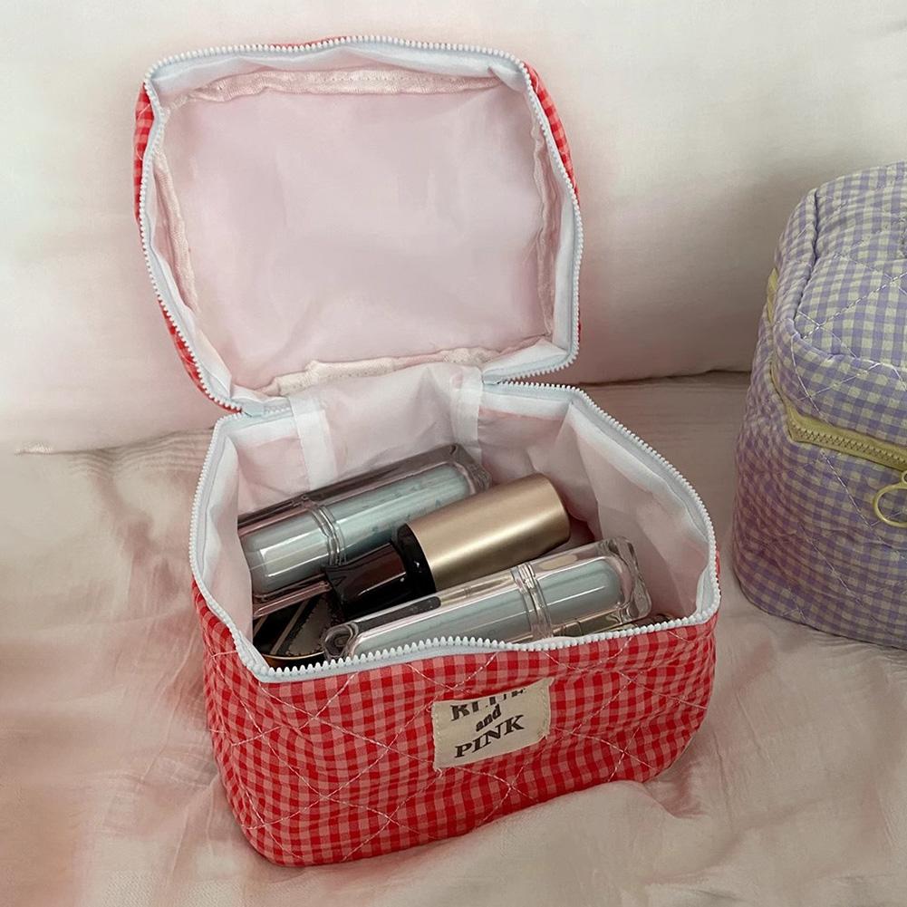 Women Plaid Cosmetic Bag Large Capacity Checkered Makeup Bag Fashion Sweet Makeup Brushes Storage Bag Practical Bag