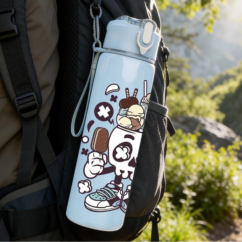 1PC Mask Face Graffiti Sketch Print 750ml Color Plastic Sports Water Bottle Leakproof Flip Straw Lid Suitable for Sports Office Home Use