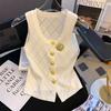 Floral Argyle Hollow-out Knitted Vest Women's Designed Gold Button Vest French Sleeveless Small Top