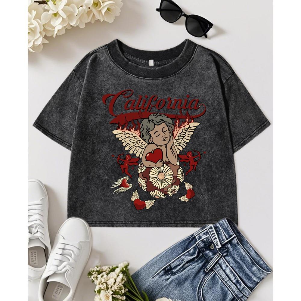 

California Love Wing Angel Boy Prints Washed Crop T-Shirts Women Retro Cotton T-Shirt Clothing Crewneck Sport Tops M