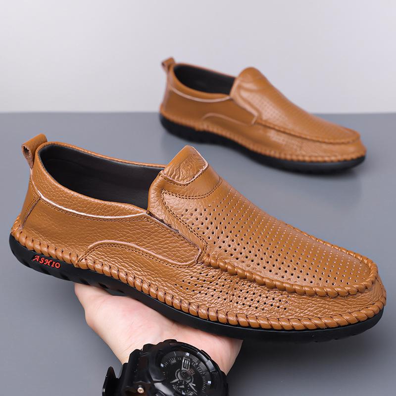 2025 new men's shoes summer sandals leather breathable hollow leather shoes men's casual hole shoes middle-aged and elderly fathers