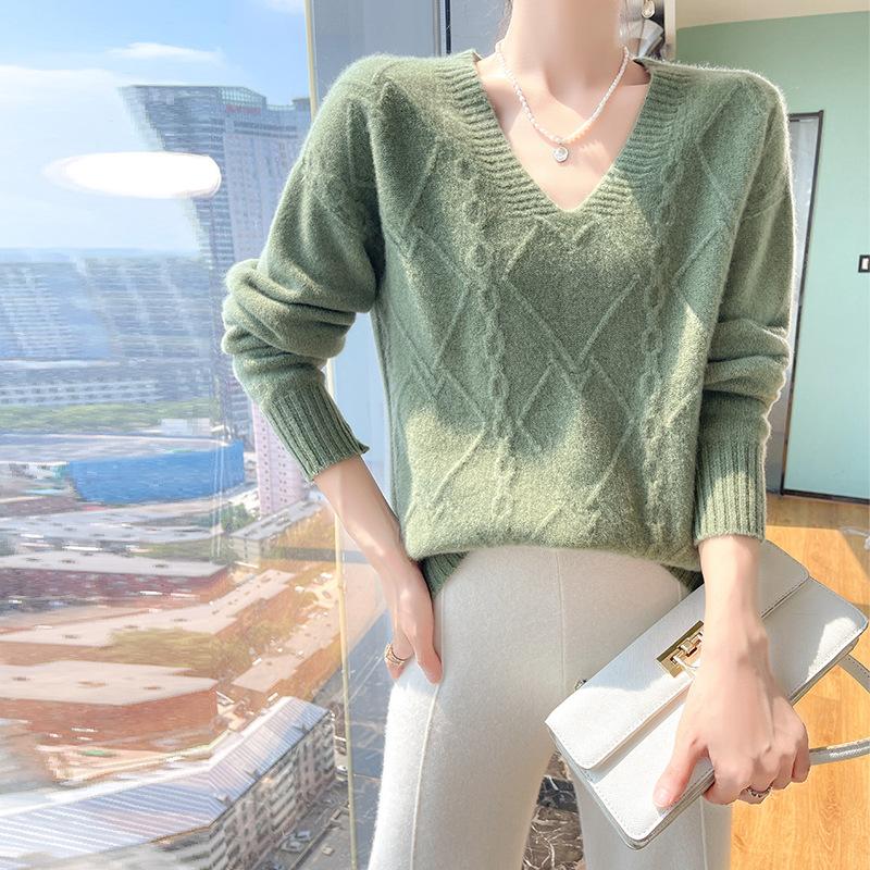 

Осень и зима V-образный вырез ромб витой цветок двухслойный утолщенный однотонный свитер с длинным рукавом свободная и ленивая базовая рубашка женская XXL бирюзовый зеленый