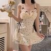 Sexy Lace Slip Nightdress Set Women Plus Size Deep V Neck Satin Lingerie Home