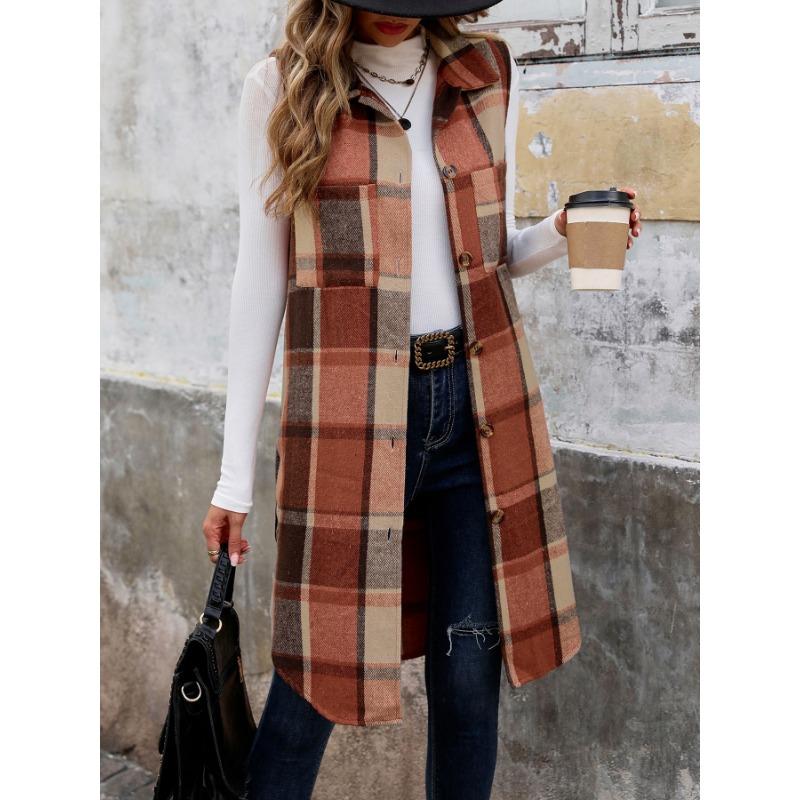Sleeveless Turn Down Collar Plaid Mid Length Women S Vest