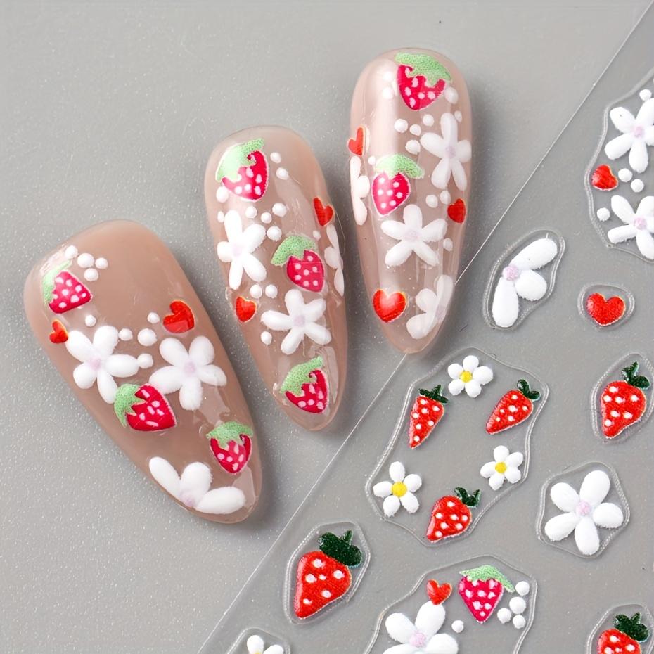5D Cute Strawberry Nail Art Decals Summer Fruits Cherry Simple Daisy White Flowers Adhesive Sliders Stickers for Nail Manicures Tips