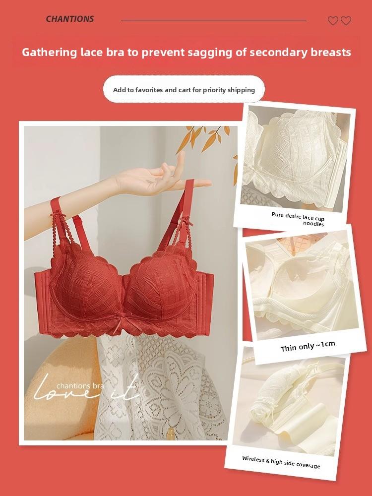 Coquette Lace Petal Soft Support Wireless Bra, Push Up Anti-Sag Side Gathering Small Bust Women Bra