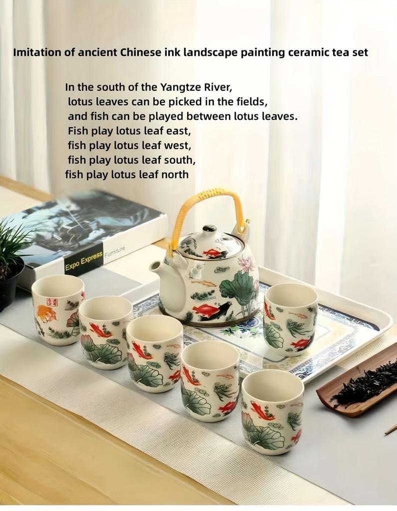1set Ancient Chinese Ink Painting Ceramic Tea Set 7pcs Large Capacity Teapot With Tea Cups Afternoon Tea Set Gift For Tea Lovers Tea Accessories